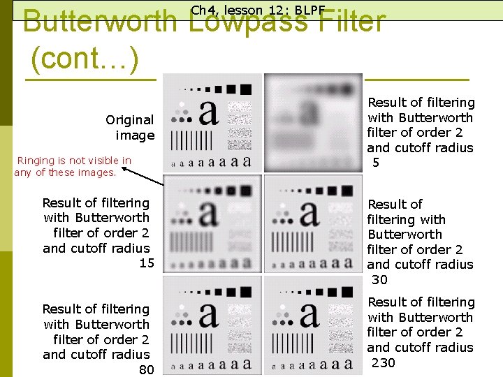 Ch 4, lesson 12: BLPF Butterworth Lowpass Filter (cont…) Original image Ringing is not