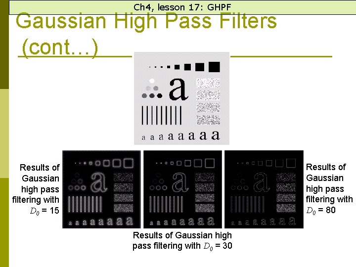 Ch 4, lesson 17: GHPF Gaussian High Pass Filters (cont…) Results of Gaussian high