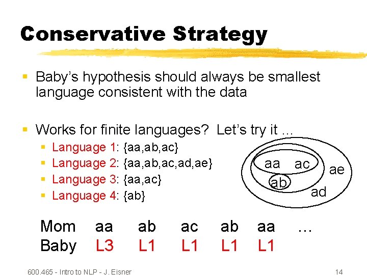 Conservative Strategy § Baby’s hypothesis should always be smallest language consistent with the data