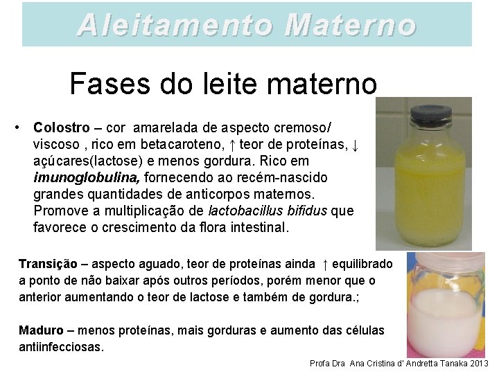 Aleitamento Materno Fases do leite materno • Colostro – cor amarelada de aspecto cremoso/