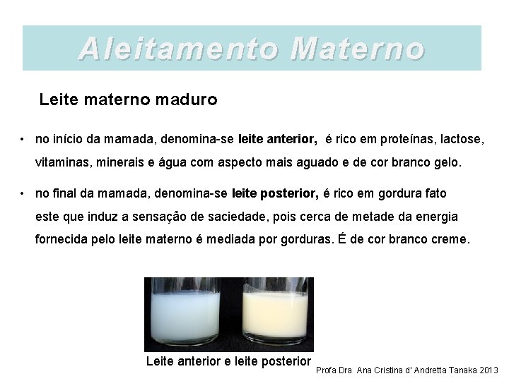 Aleitamento Materno Leite materno maduro • no início da mamada, denomina-se leite anterior, é