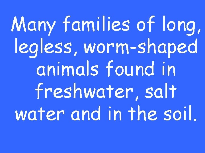 Many families of long, legless, worm-shaped animals found in freshwater, salt water and in