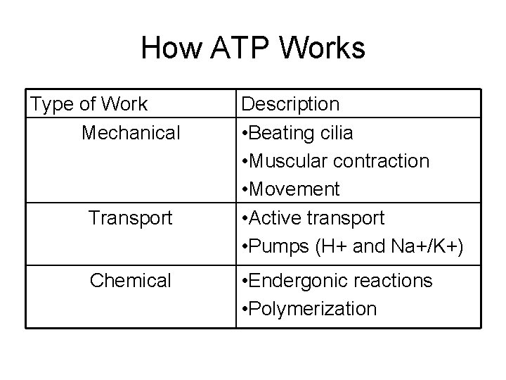 How ATP Works Type of Work Mechanical Transport Chemical Description • Beating cilia •