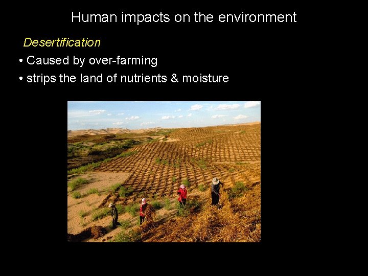 Human impacts on the environment Desertification • Caused by over-farming • strips the land