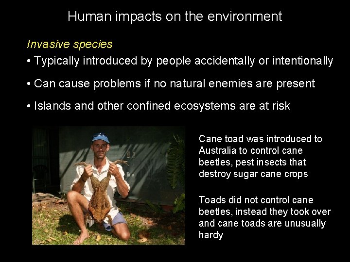 Human impacts on the environment Invasive species • Typically introduced by people accidentally or