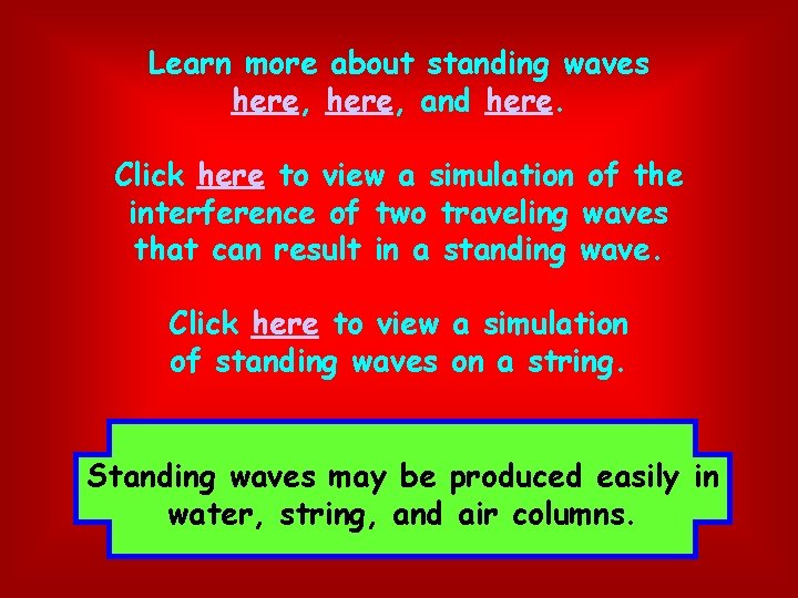 Learn more about standing waves here, and here. Click here to view a simulation