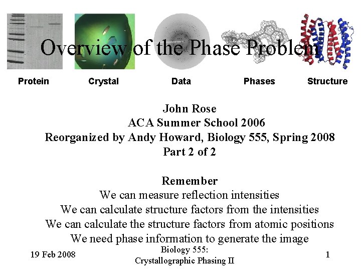 Overview of the Phase Problem Protein Crystal Data Phases Structure John Rose ACA Summer