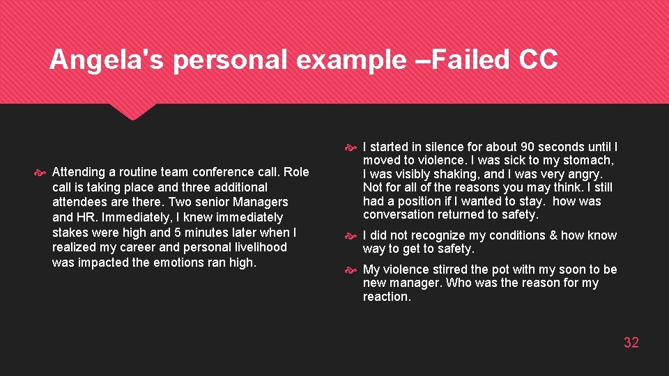 Angela's personal example –Failed CC Attending a routine team conference call. Role call is