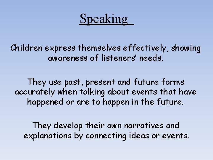 Speaking Children express themselves effectively, showing awareness of listeners’ needs. They use past, present