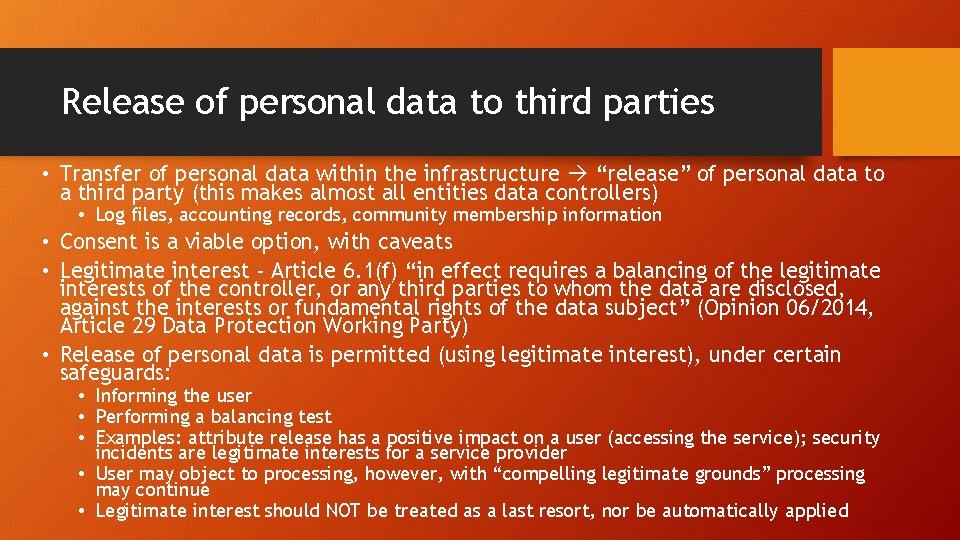 Release of personal data to third parties • Transfer of personal data within the