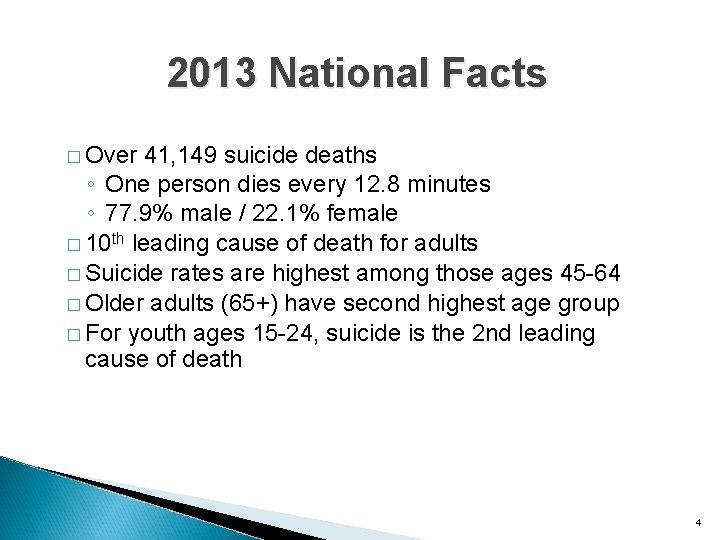 2013 National Facts � Over 41, 149 suicide deaths ◦ One person dies every