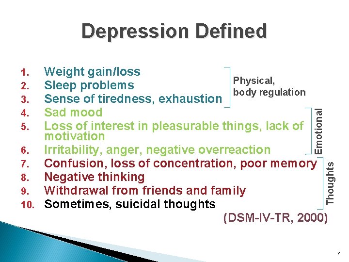 Depression Defined Thoughts Emotional Weight gain/loss Physical, Sleep problems body regulation Sense of tiredness,