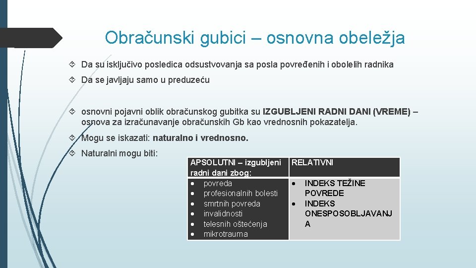 Obračunski gubici – osnovna obeležja Da su isključivo posledica odsustvovanja sa posla povređenih i