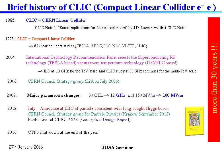 Brief history of CLIC (Compact Linear Collider e+ e-) 1985: CLIC = CERN Linear