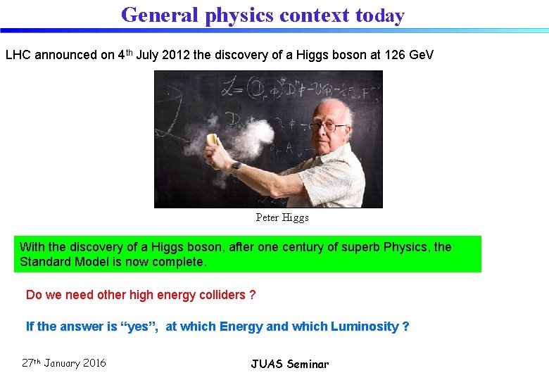 General physics context today LHC announced on 4 th July 2012 the discovery of