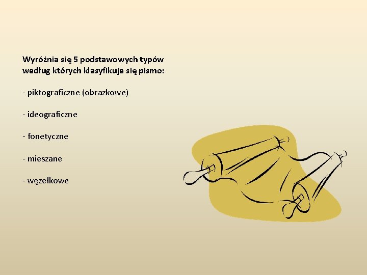 Wyróżnia się 5 podstawowych typów według których klasyfikuje się pismo: - piktograficzne (obrazkowe) -