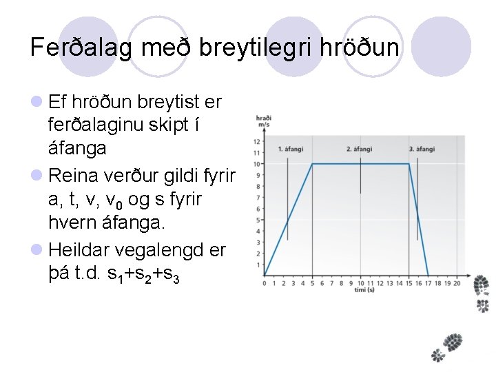 Ferðalag með breytilegri hröðun l Ef hröðun breytist er ferðalaginu skipt í áfanga l