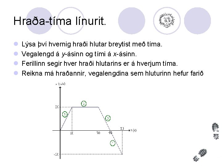 Hraða-tíma línurit. l l Lýsa því hvernig hraði hlutar breytist með tíma. Vegalengd á