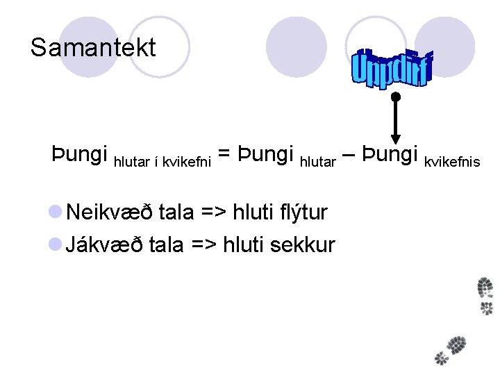 Samantekt Þungi hlutar í kvikefni = Þungi hlutar – Þungi kvikefnis l Neikvæð tala