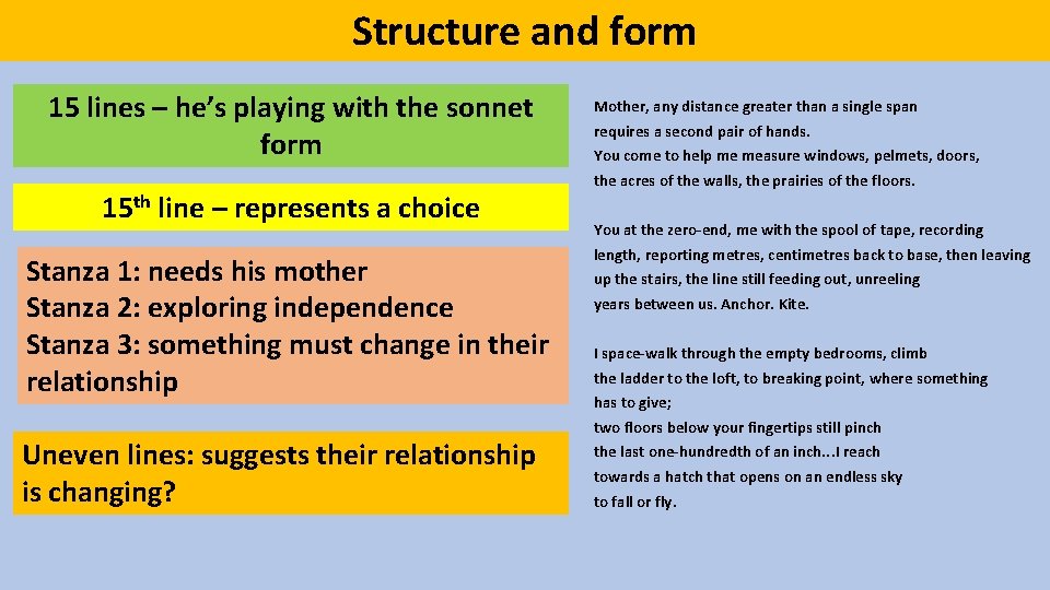 Structure and form 15 lines – he’s playing with the sonnet form 15 th