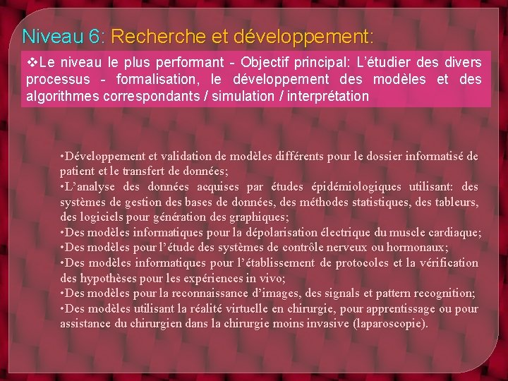 Niveau 6: Recherche et développement: v. Le niveau le plus performant - Objectif principal: