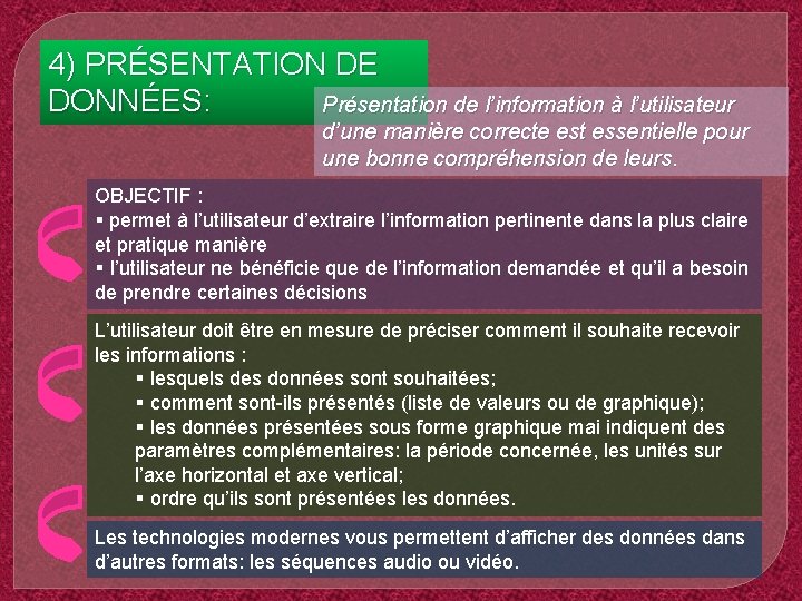 4) PRÉSENTATION DE DONNÉES: Présentation de l’information à l’utilisateur d’une manière correcte est essentielle