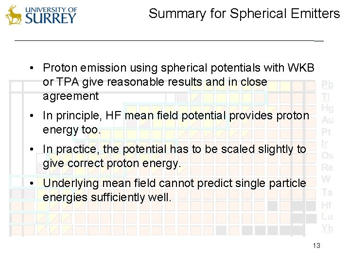 Summary for Spherical Emitters • Proton emission using spherical potentials with WKB or TPA