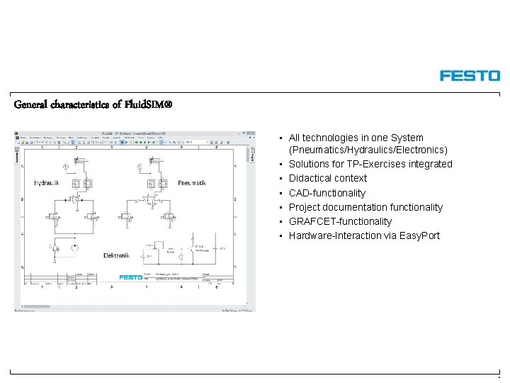 General characteristics of Fluid. SIM® • All technologies in one System (Pneumatics/Hydraulics/Electronics) • Solutions General characteristics of Fluid. SIM® • All technologies in one System (Pneumatics/Hydraulics/Electronics) • Solutions