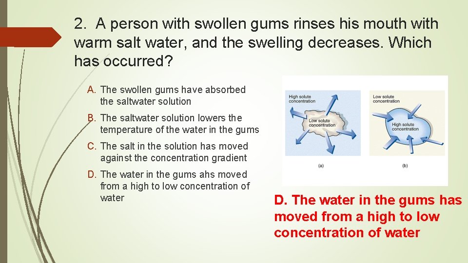 2. A person with swollen gums rinses his mouth with warm salt water, and