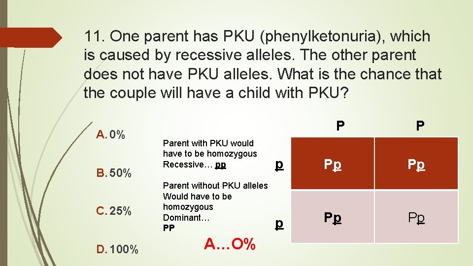11. One parent has PKU (phenylketonuria), which is caused by recessive alleles. The other