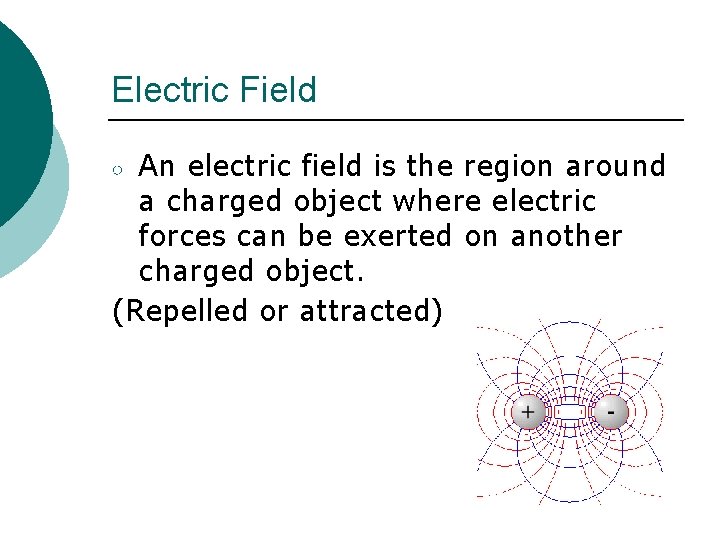 Electric Field An electric field is the region around a charged object where electric