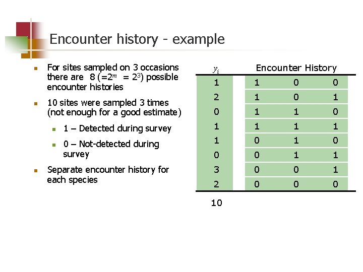 Encounter history - example n n For sites sampled on 3 occasions there are
