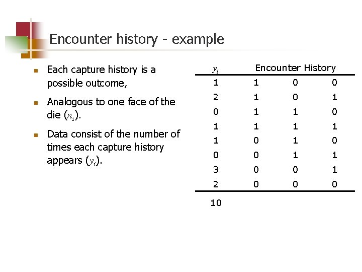 Encounter history - example n n n Each capture history is a possible outcome,