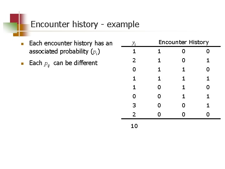 Encounter history - example n n Each encounter history has an associated probability (pi)