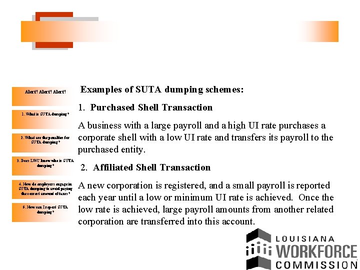 Alert! 1. What is SUTA dumping? 2. What are the penalties for SUTA dumping?