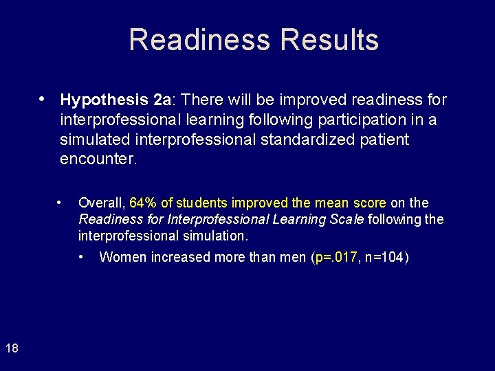 Readiness Results • Hypothesis 2 a: There will be improved readiness for interprofessional learning Readiness Results • Hypothesis 2 a: There will be improved readiness for interprofessional learning