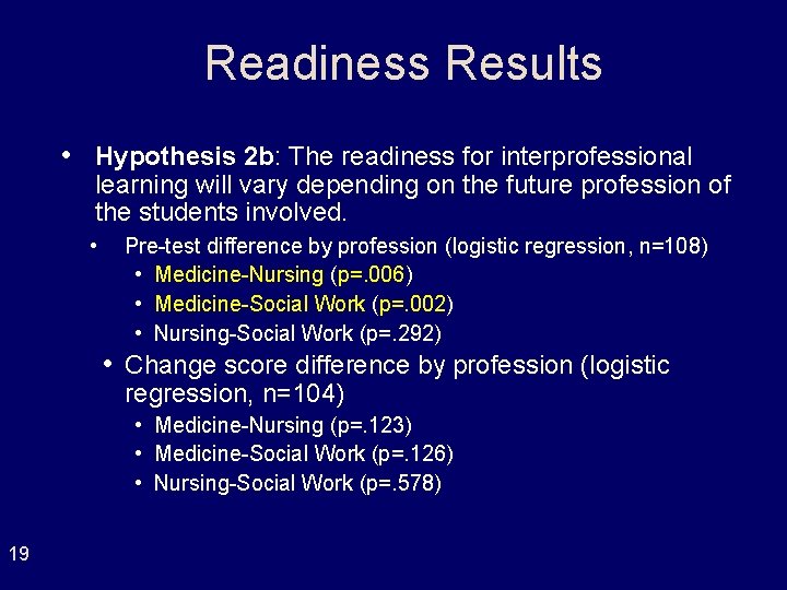 Readiness Results • Hypothesis 2 b: The readiness for interprofessional learning will vary depending Readiness Results • Hypothesis 2 b: The readiness for interprofessional learning will vary depending