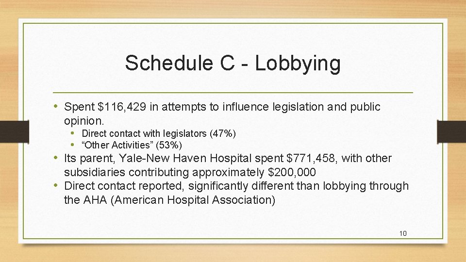 Schedule C - Lobbying • Spent $116, 429 in attempts to influence legislation and