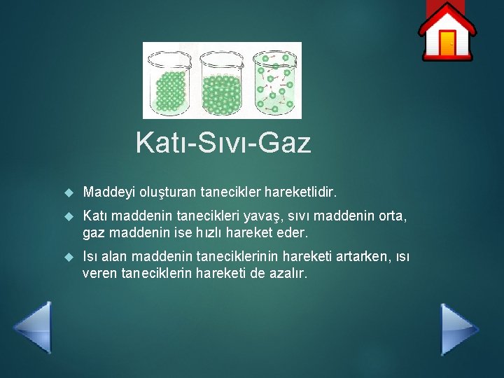 Katı-Sıvı-Gaz Maddeyi oluşturan tanecikler hareketlidir. Katı maddenin tanecikleri yavaş, sıvı maddenin orta, gaz maddenin