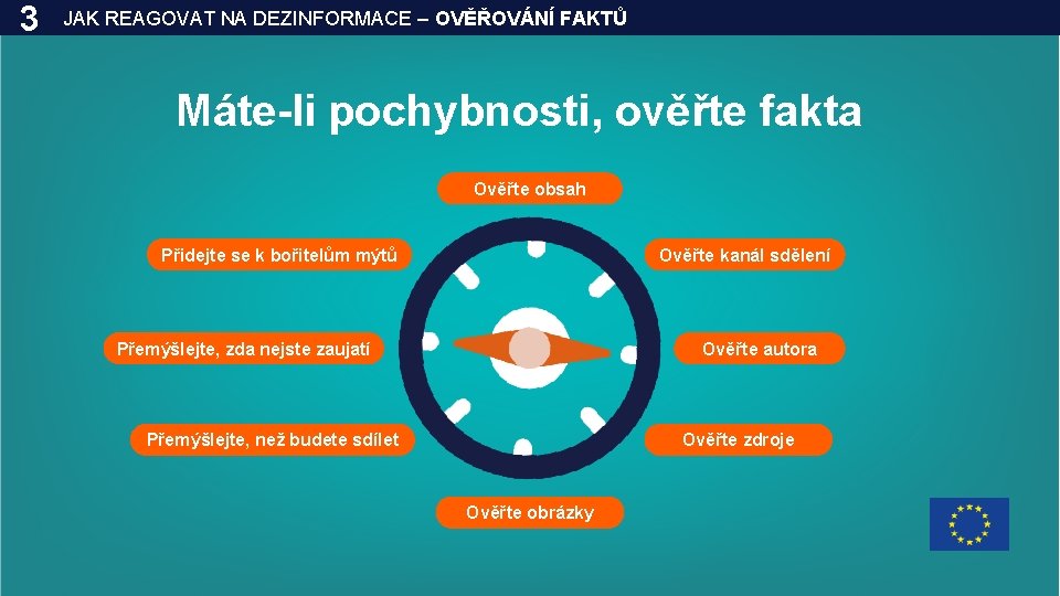 3 JAK REAGOVAT NA DEZINFORMACE – OVĚŘOVÁNÍ FAKTŮ Máte-li pochybnosti, ověřte fakta Ověřte obsah