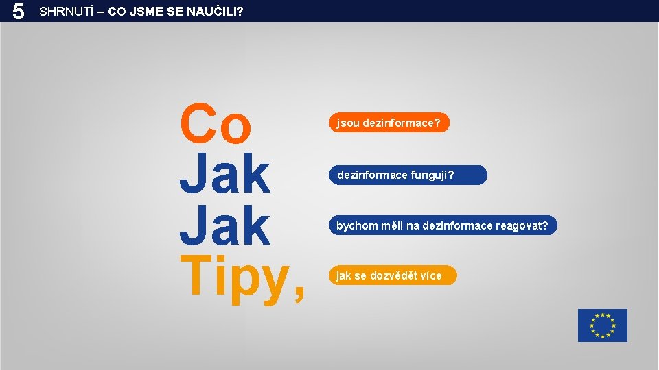 5 SHRNUTÍ – CO JSME SE NAUČILI? Co Jak Tipy, jsou dezinformace? dezinformace fungují?