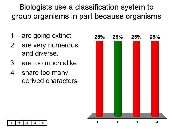 Biologists use a classification system to group organisms in part because organisms 1. are