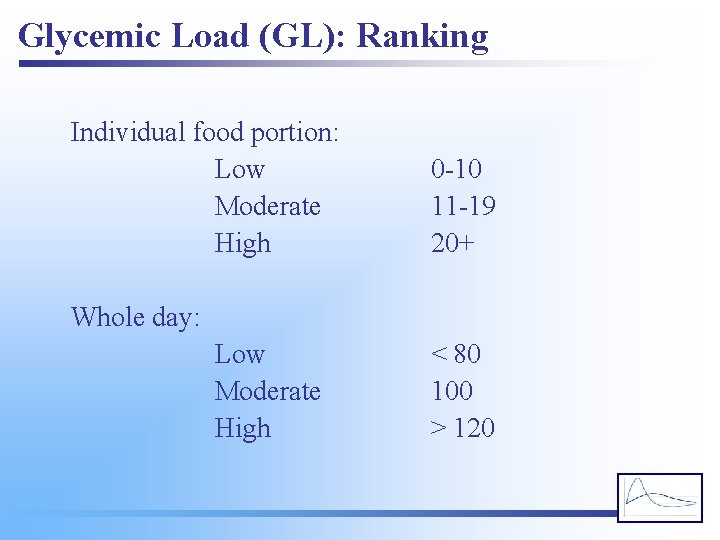 Glycemic Load (GL): Ranking Individual food portion: Low Moderate High 0 -10 11 -19