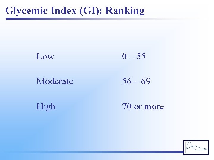 Glycemic Index (GI): Ranking Low 0 – 55 Moderate 56 – 69 High 70