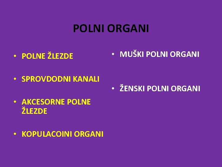 POLNI ORGANI • POLNE ŽLEZDE • SPROVDODNI KANALI • AKCESORNE POLNE ŽLEZDE • KOPULACOINI