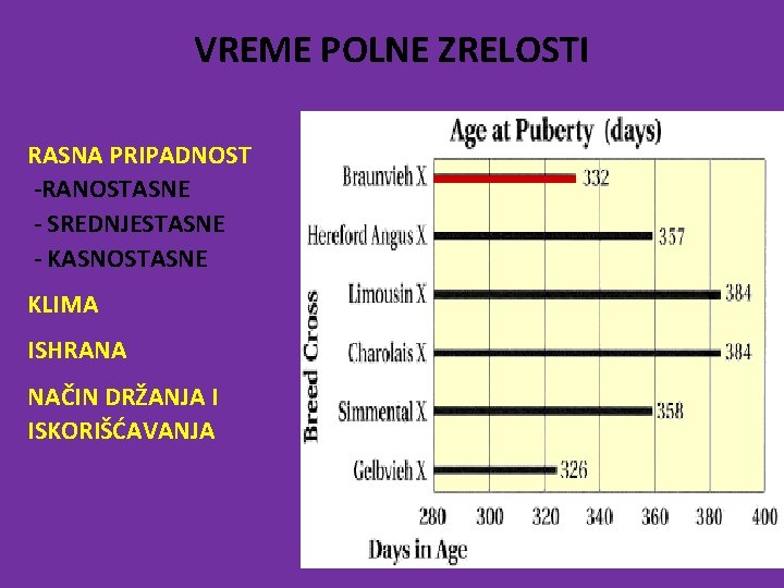 VREME POLNE ZRELOSTI RASNA PRIPADNOST -RANOSTASNE - SREDNJESTASNE - KASNOSTASNE KLIMA ISHRANA NAČIN DRŽANJA