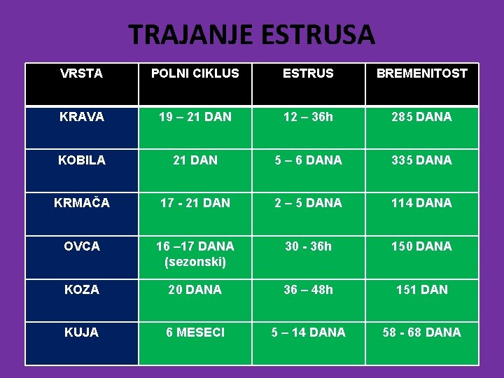 TRAJANJE ESTRUSA VRSTA POLNI CIKLUS ESTRUS BREMENITOST KRAVA 19 – 21 DAN 12 –