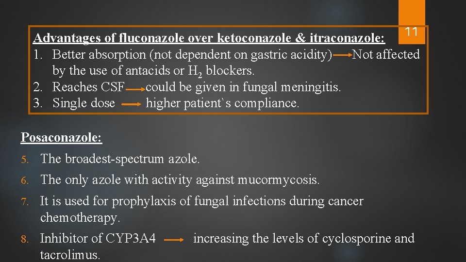 Advantages of fluconazole over ketoconazole & itraconazole: 11 1. Better absorption (not dependent on