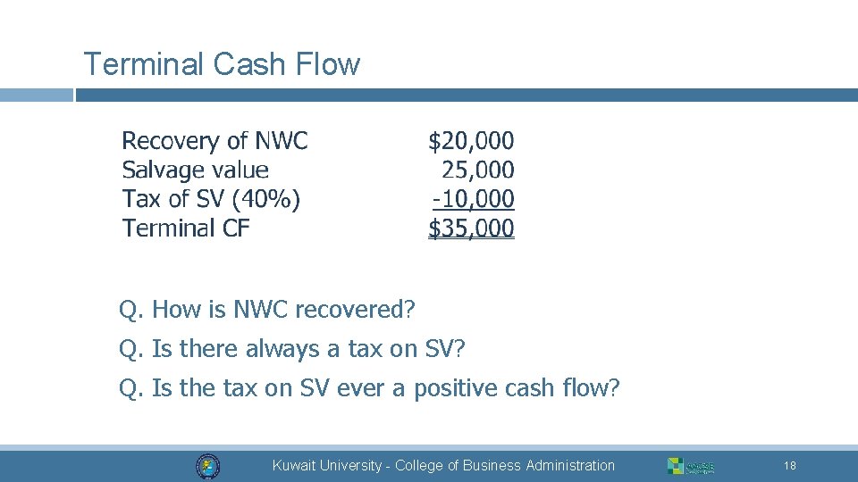 Terminal Cash Flow Q. How is NWC recovered? Q. Is there always a tax