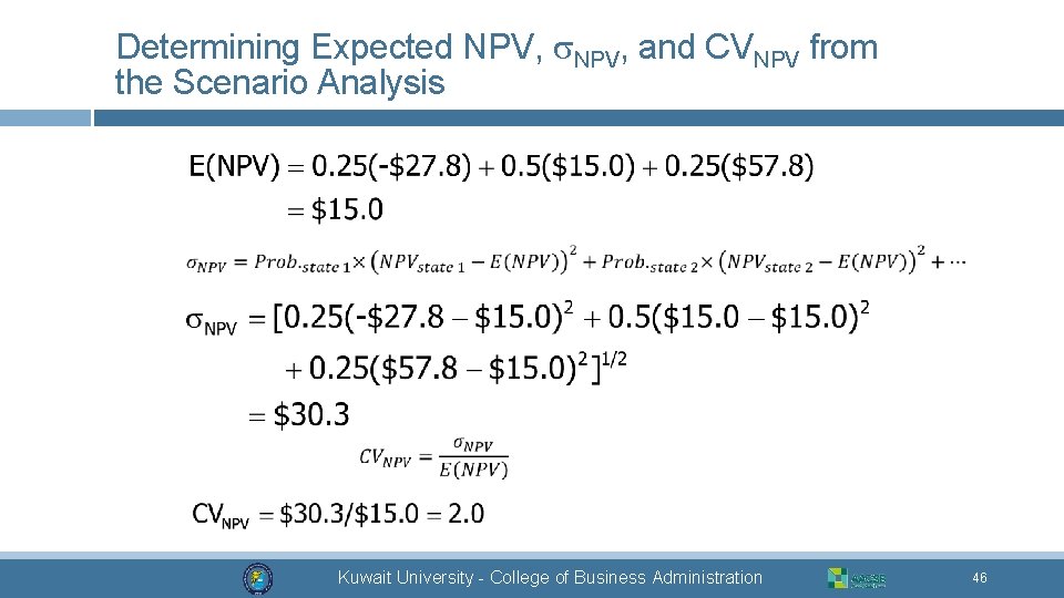 Determining Expected NPV, and CVNPV from the Scenario Analysis Kuwait University - College of